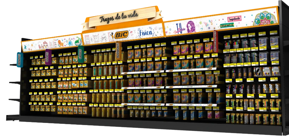 "Material POP personalizado para campañas de Trade Marketing en cadenas de autoservicio, fabricado por Exhibipop."
