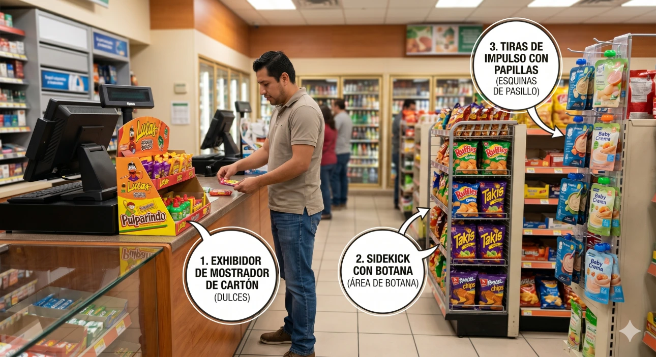 "Material POP para el área de cajas diseñado para detonar compras por impulso inmediatas en formatos de proximidad, por Exhibipop."