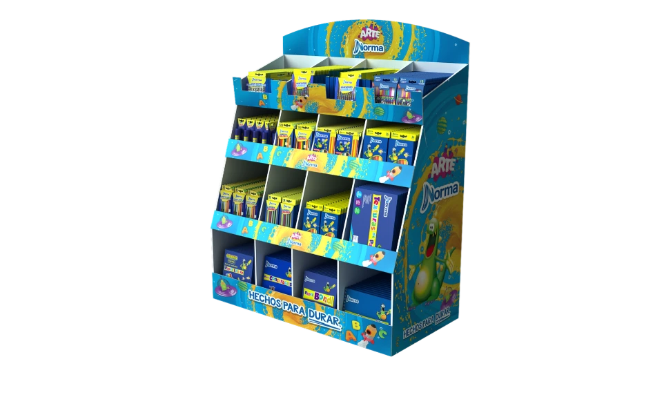 "Exhibidor tipo pallet de cartón de alta resistencia para categorías de consumo masivo en cadenas de autoservicio, diseñado por Exhibipop."